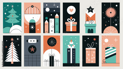 Four Christmas-themed banners display a woman cheerfully presenting a gift..eps