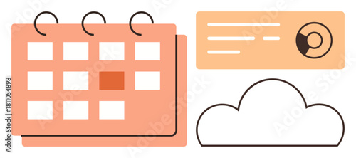 Calendar with highlighted date, analytics chart with a report, and cloud graphic representing scheduling, data analysis, and storage. Ideal for planning, organization, management, productivity