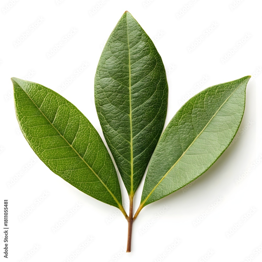 Obraz premium Wax Myrtle Leaf Myrica cerifera Shiny Smooth Green Foliage with Subtle Gloss and Crisp Veins on Pure White Background Expressing Herbal Freshness, Natural Simplicity, and Botanical Grace in Detail