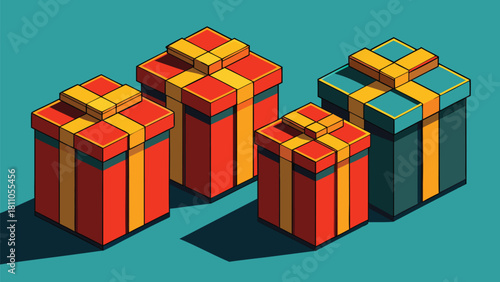 Four assorted gift boxes in bright colors with bows, displayed on a white background, perfect for festive occasions..eps