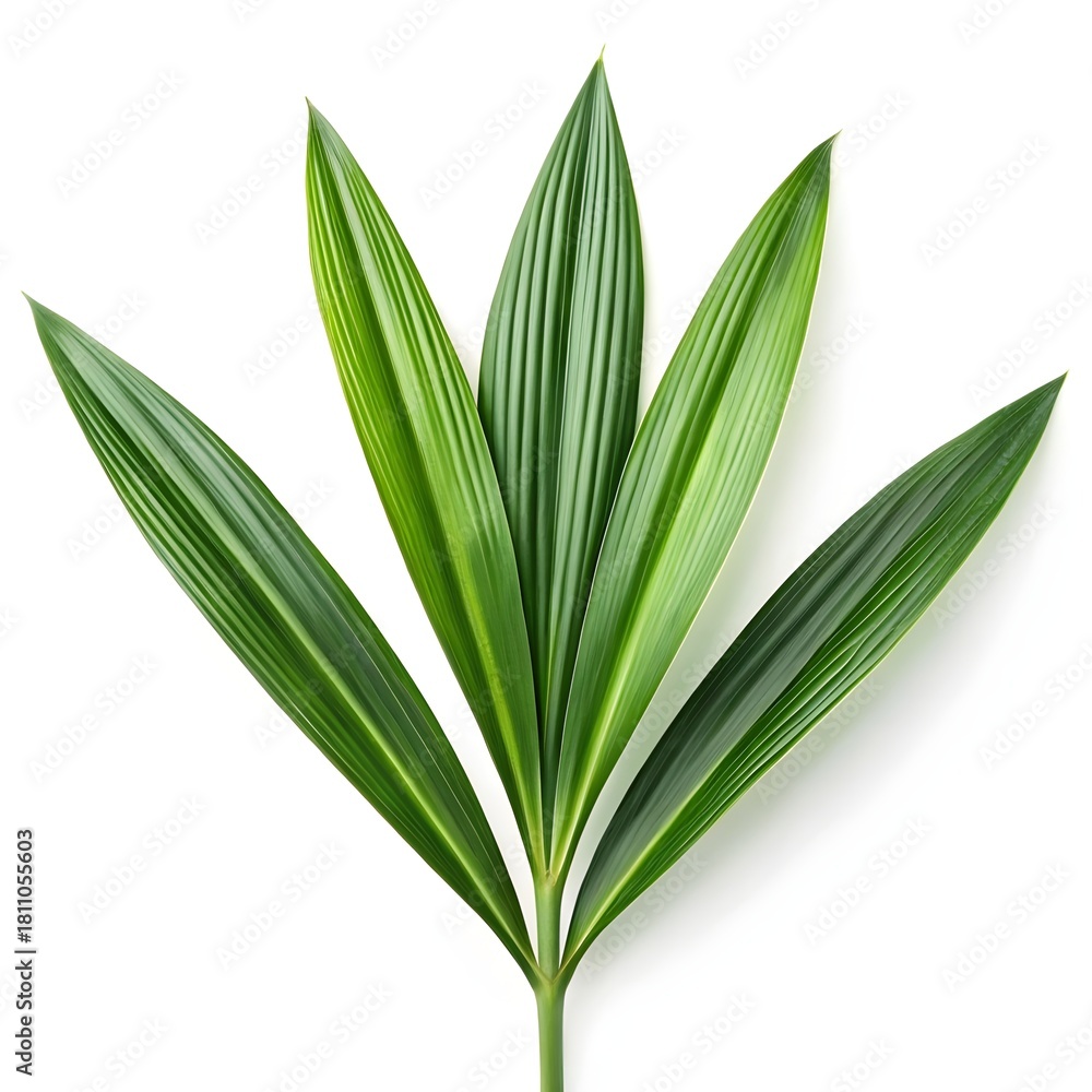 Obraz premium Pandan Plant Leaf Pandanus amaryllifolius Fresh Vibrant Green Blade with Tropical Gloss on Pure White Background Conveying Exotic Fragrance, Culinary Warmth, and Natural Botanical Vitality in Detail