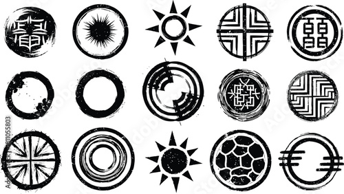 Black grunge-style sun icon with expressive brush stroke rays radiating outward, suggesting a sunrise or sunset.