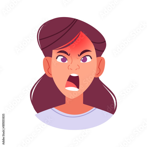 Angry Young Woman Yelling with Red Forehead