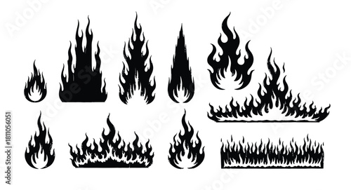 Vector set of black fire flames isolated on white background