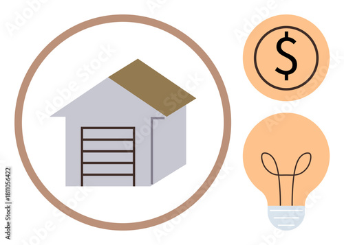 House with brown roof and garage, dollar sign in orange circle and lightbulb outlined in orange. Ideal for real estate, home investment, innovation, finance, savings, business growth, simple flat