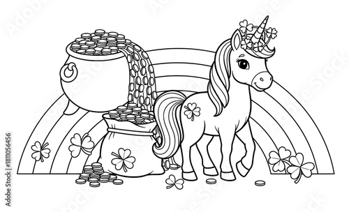 Cute unicorn standing beside a pot of gold coins and a bag overflowing with coins, set against a vibrant rainbow and decorated with clovers, perfect for coloring pages