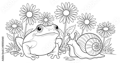 Frog and snail illustration surrounded by daisies, showcasing nature's beauty in a whimsical coloring page for relaxation and creativity