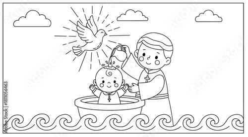 Illustration of a priest performing a baptism ceremony for a baby in a basin, with a dove above and waves in the background, symbolizing purity and new beginnings