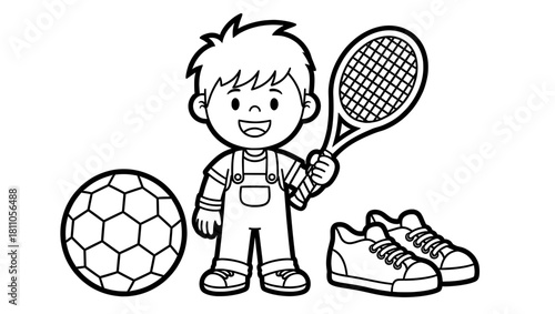 Happy young boy with a tennis racket and soccer ball stands beside sneakers, showcasing a playful sports theme in a fun coloring page illustration for children