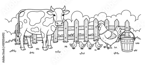 Farm scene featuring a cow, hen, and chicks near a wooden fence, surrounded by grass and clouds, ideal for coloring pages and creative activities for children