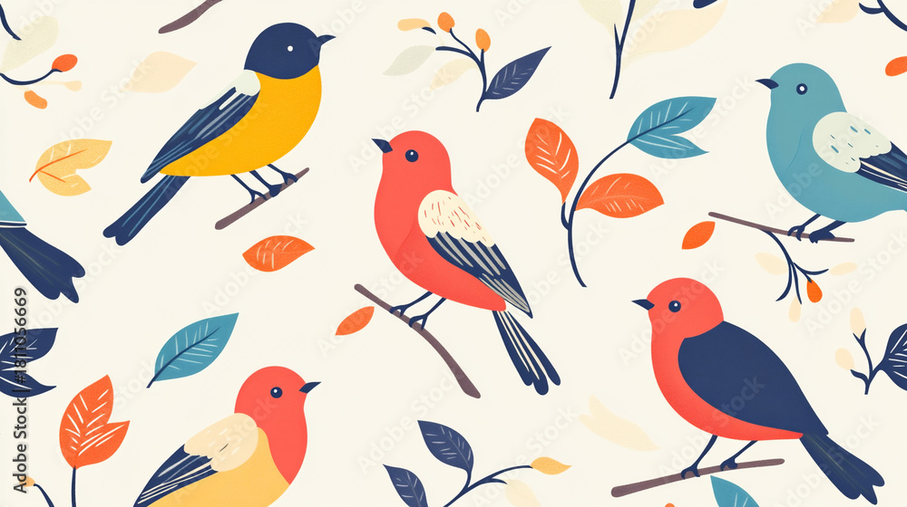 Fototapeta premium Colorful birds in a minimal vector style. Decorative patterns and icons create modern and tidy design for print and digital use
