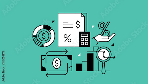 Conceptual illustration of financial management, accounting, and economic data analysis with various icons.