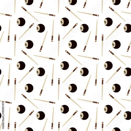 flat design of of two crossed billiard cues and an 8-ball on a white background. The cues are brown with lighter brown tips and dark brown handles, Centered above their intersection is a black 8-ball