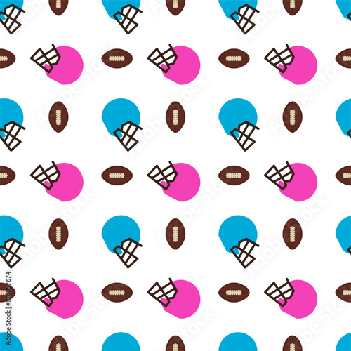 flat design of American football helmets facing each other, with an American football positioned above them. One helmet is pink, and the other is blue. The football is brown with white laces