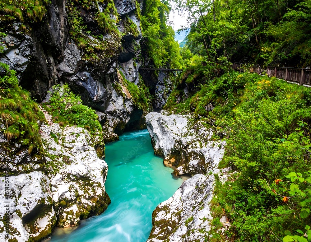 Fototapeta premium Turquoise river carves through a canyon, lush greenery surrounds path