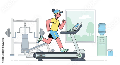 Young woman running on a treadmill inside a gym for cardiovascular fitness and endurance training.