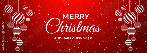 Merry Christmas and Happy New Year greeting banner with hanging striped ornaments on a red background.