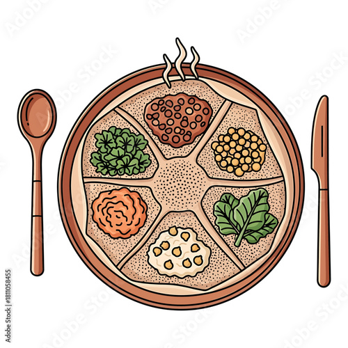 Illustration of traditional ethiopian injera platter with various wots and stew
