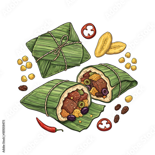 Illustration of tamales wrapped in banana leaves with side ingredients