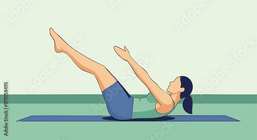 Woman executing a Pilates-inspired Teaser or Hundred pose focusing on deep core engagement and stability.