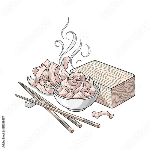 Hand drawn illustration of steaming tofu, noodles, and chopsticks on black