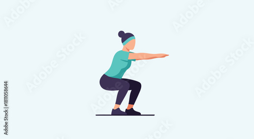 Woman maintaining proper form during a bodyweight squat to strengthen the lower body and core.