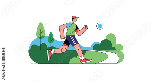 Energetic man running outdoors on a winding park path for morning cardio and fitness.