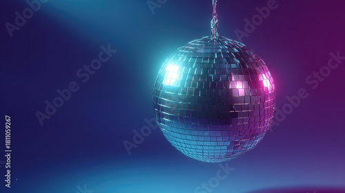 Shimmering Disco Ball Hanging Against a Vibrant Gradient Background with Colorful Reflections
