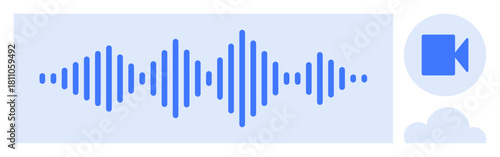 Blue audio waveform with video camera and cloud icon, representing sound, video recording, and cloud storage. Ideal for podcasting, streaming, technology, audio files, data multimedia simple flat