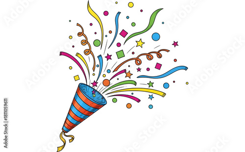 A party popper that explodes, releasing colorful streamers and small pieces of paper.