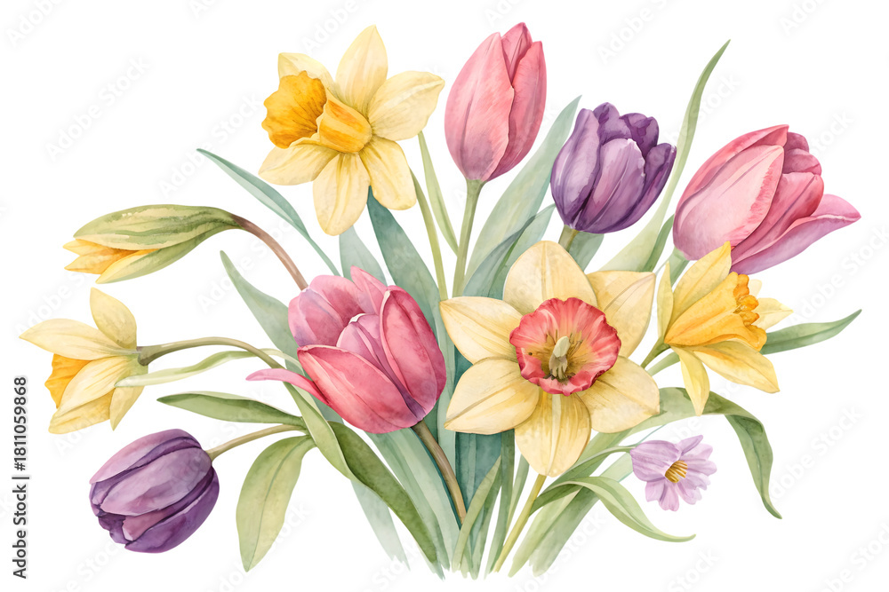 Naklejka premium Flower watercolor bouquet of spring daffodils and tulips. Isolated PNG.