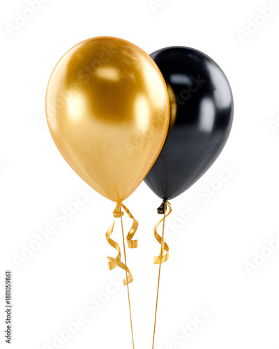 two black and golden party balloons isolated on white or transparent