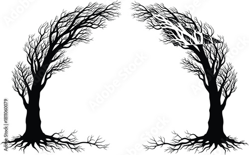 PrintSymmetrical Black Bare Tree Silhouette Vector Arch Frame: Spooky Dead Branches and Visible Roots for Halloween, Spooky, Gothic, or Natural Border Design Elements.