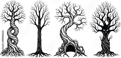 PrintTwisted, Gothic, and Scary Trunks with Exposed Roots, Monster Face, and Creepy Branches for Halloween Designs.