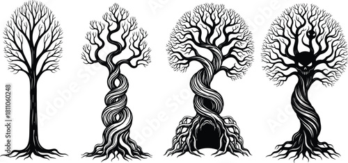 PrintTwisted Trunks, Bare Branches, Exposed Roots, and Scary Monster Face for Halloween, Horror, and Fantasy Design Graphics.