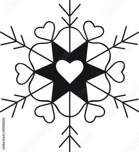 Elegant crystalline snowflake with a symmetrical pattern on a white background. Detailed winter snowflake symbolizing cold weather, frost, and Christmas. Perfect for holiday designs, backgrounds, gree