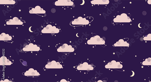 Cute cartoon clouds and stars in a dreamy purple night sky background.