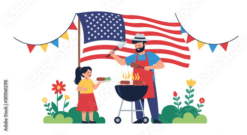 Father and daughter enjoy a Fourth of July barbecue with an American flag in the background.