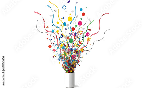 Minimalist party popper design that emits a spray of confetti and serpentine