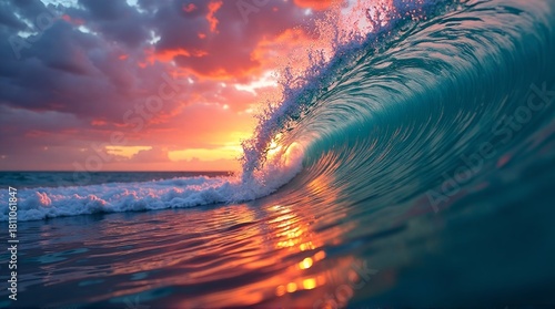 Fototapeta Naklejka Na Ścianę i Meble -  Powerful ocean wave breaking at sunset with vibrant orange and pink sky