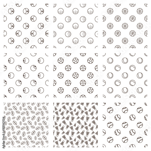 line art pattern set ball of bowling ball, golf ball, basket ball, billiard ball, soccer ball. tennis ball, american football, shuttlecock of badminton, base ball