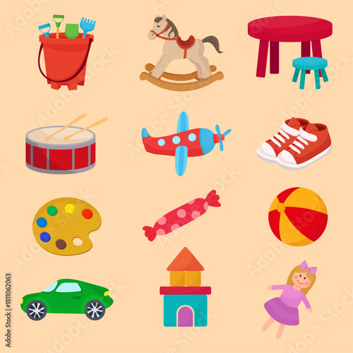 Cute kid's colorful vibrant toys sand toys sweets rocking horse little table chair doll ball plane car