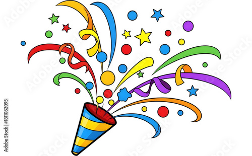 Cartoon party popper with abstract confetti spray and curved ribbon