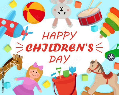 Vibrant happy children's day card with colorful toys rocking horse ball rabbit plush doll plane car