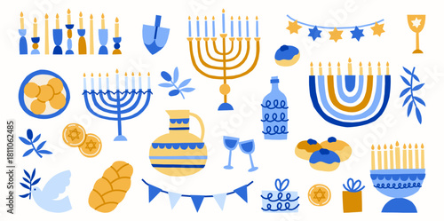 Hanukkah modern vector illustrations set. Jewish holidays clipart. Menorah, candles, oil, olives, latkes, challah, dreidel, donuts, sufganiot, dove, coins, gifts, vine