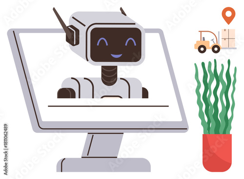 Smiling robot displayed on a computer monitor, forklift with packages, indoor plant, and map pin. Ideal for technology, AI, logistics, automation, customer service innovation simple flat metaphor