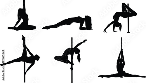 Dynamic Poses of Women Practicing Pole Dance, Exotic Acrobatics, Flexibility, and Strength Training Vector.