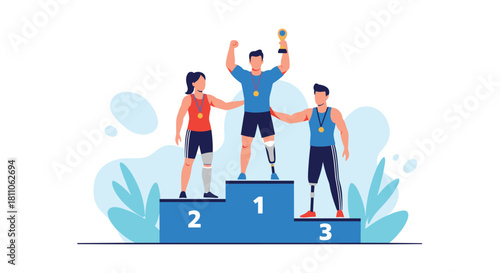Paralympic athletes celebrating on a podium with medals and a trophy; demonstrating victory and inclusivity.