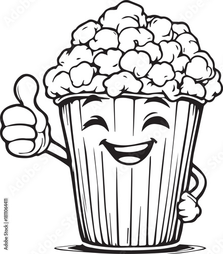 Happy Popcorn Bucket Mascot Thumbs Up Monochrome Vector Illustration Cinema Character