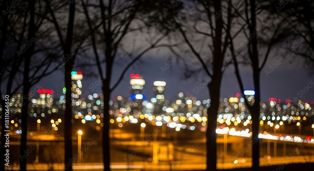Fototapeta premium Urban night scene with abstract city lights and vibrant bokeh effect, framed by the stark silhouettes of trees, conveying a sense of modern city life after dusk.